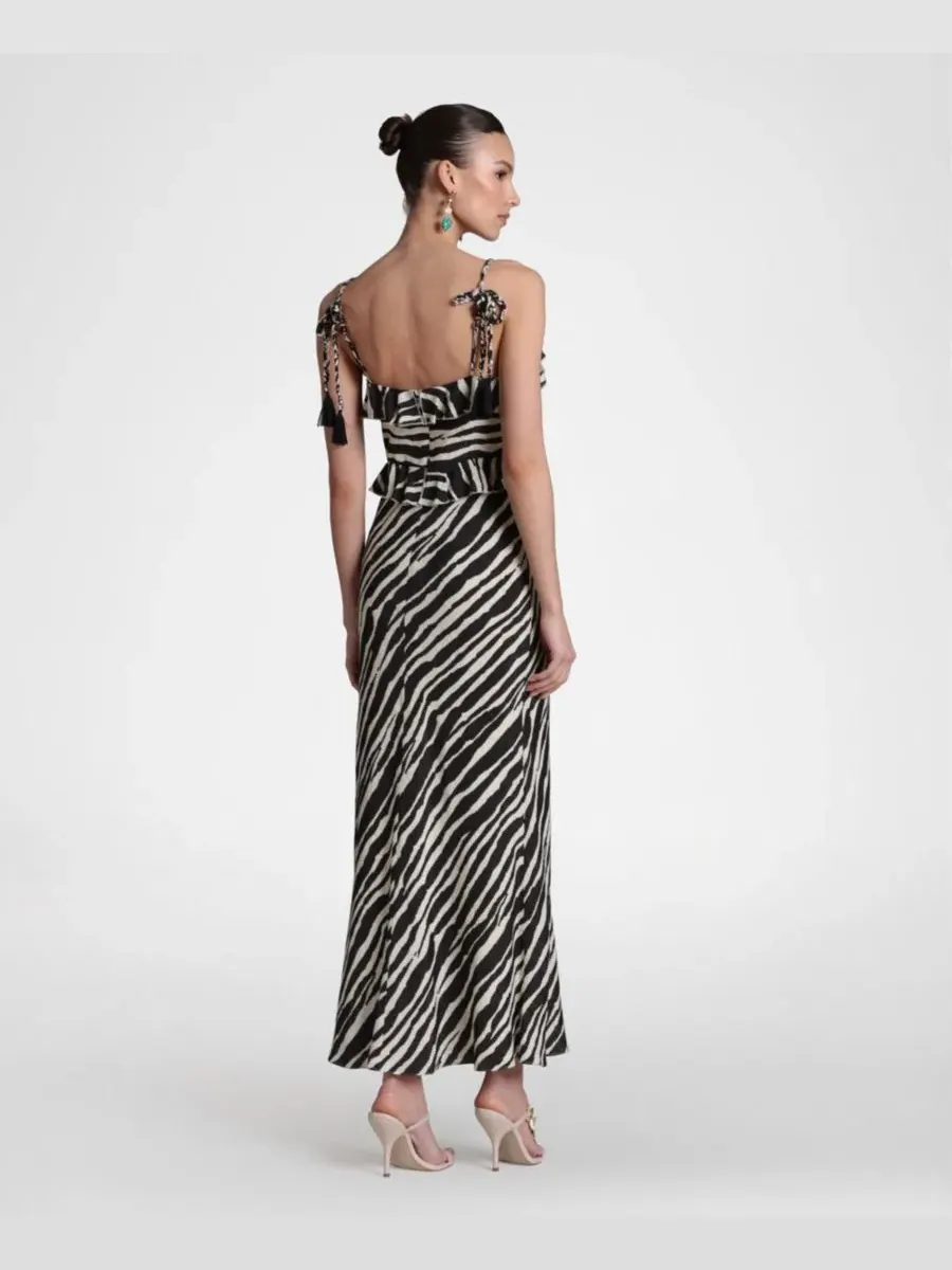 Платье макси с рюшами и плетеными завязками, Braided Tie Ruffle Avec Les Filles, Zebra Print — изображение 5 из 5