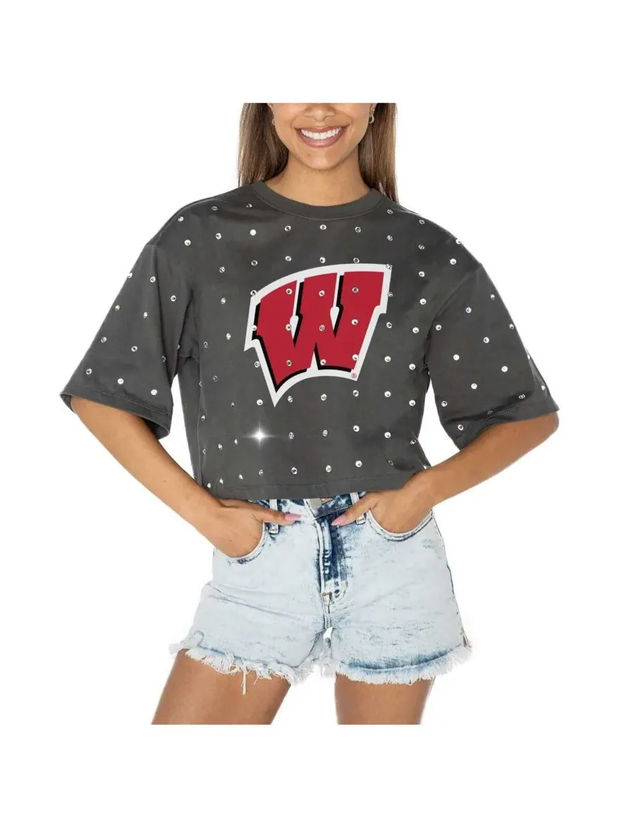 Gameday Couture Женская серая укороченная футболка Wisconsin Badgers Go Time со стразами — изображение 1 из 5, серый
