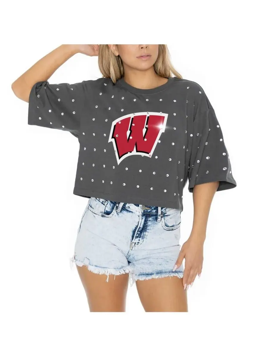 Gameday Couture Женская серая укороченная футболка Wisconsin Badgers Go Time со стразами — изображение 4 из 5, серый