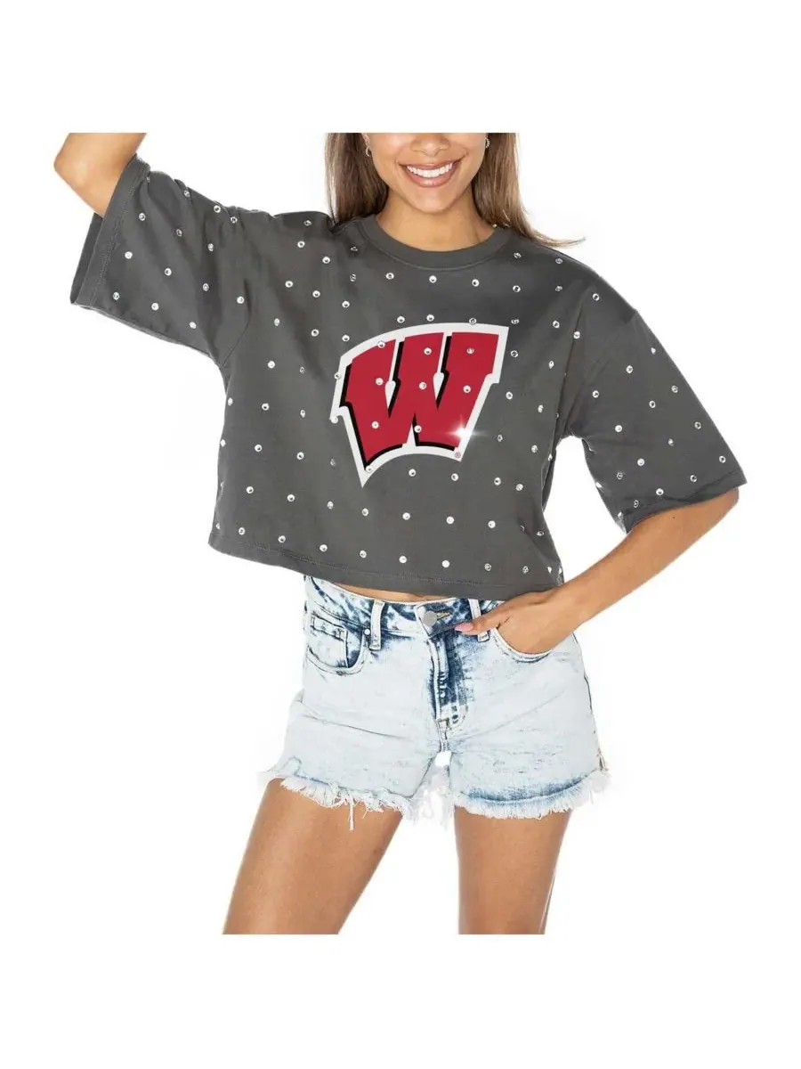 Gameday Couture Женская серая укороченная футболка Wisconsin Badgers Go Time со стразами — изображение 5 из 5, серый