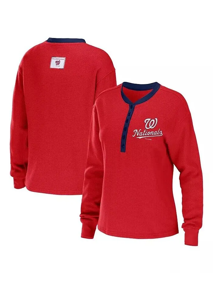 Женская красная футболка с длинным рукавом Washington Nationals Waffle Henley Wear By Erin Andrews — изображение 1 из 3