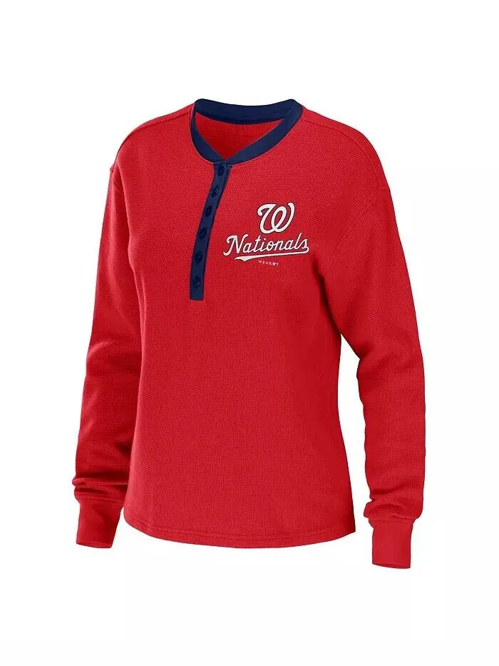 Женская красная футболка с длинным рукавом Washington Nationals Waffle Henley Wear By Erin Andrews — изображение 2 из 3