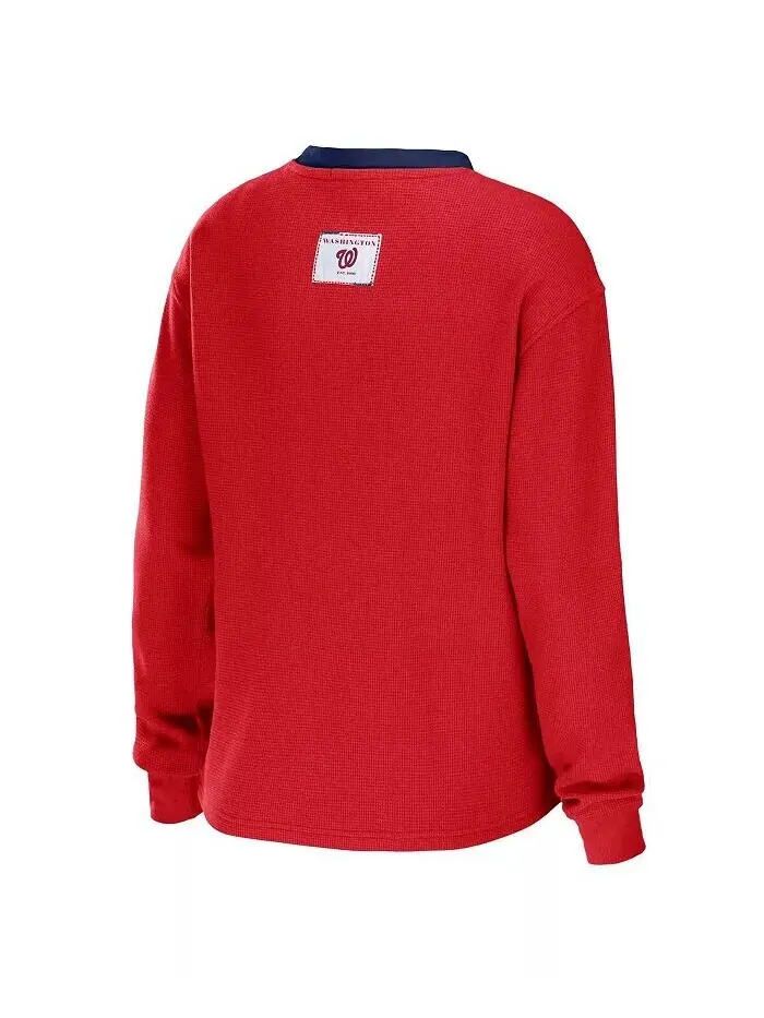 Женская красная футболка с длинным рукавом Washington Nationals Waffle Henley Wear By Erin Andrews — изображение 3 из 3
