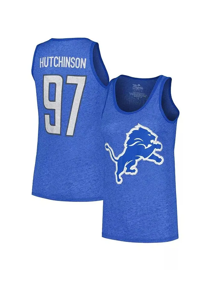 Женская майка-топ Aidan Hutchinson Heather Blue Detroit Lions с именем и номером Tri-Blend Majestic — изображение 1 из 3