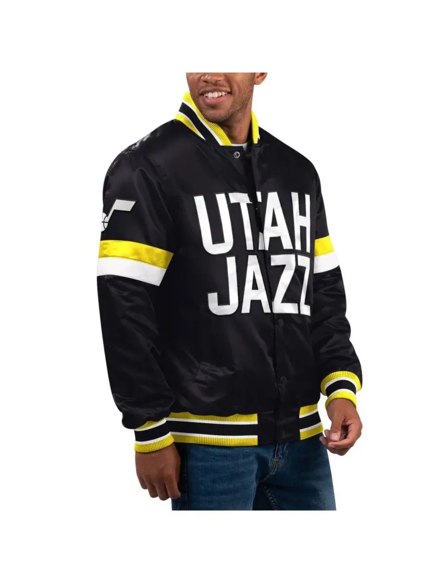 Starter Мужская черная атласная куртка-бомбер Utah Jazz для домашних игр, застегивающаяся на кнопки — изображение 1 из 2