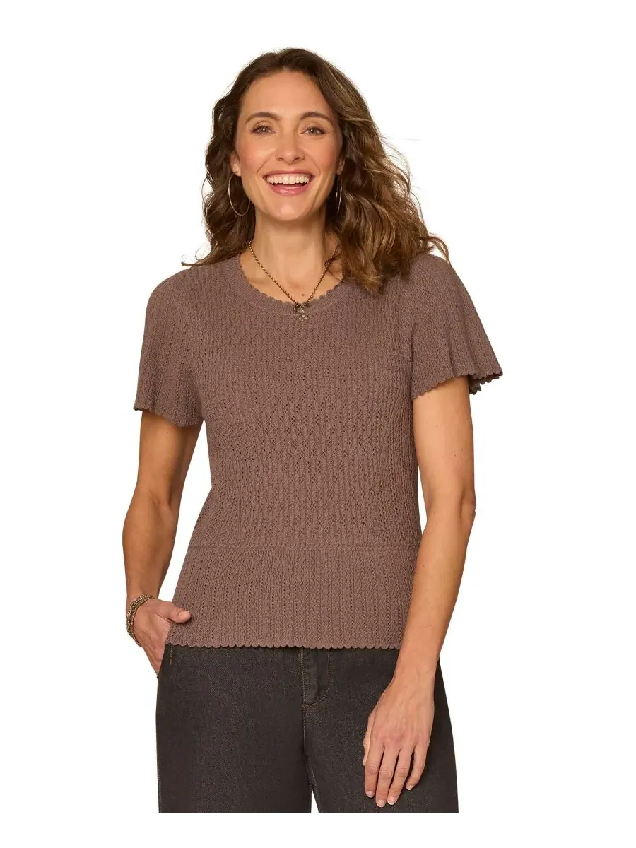Свитер с воланами и круглым вырезом Petite Flounce Crochet Round Neck Democracy, Oyster Mushroom