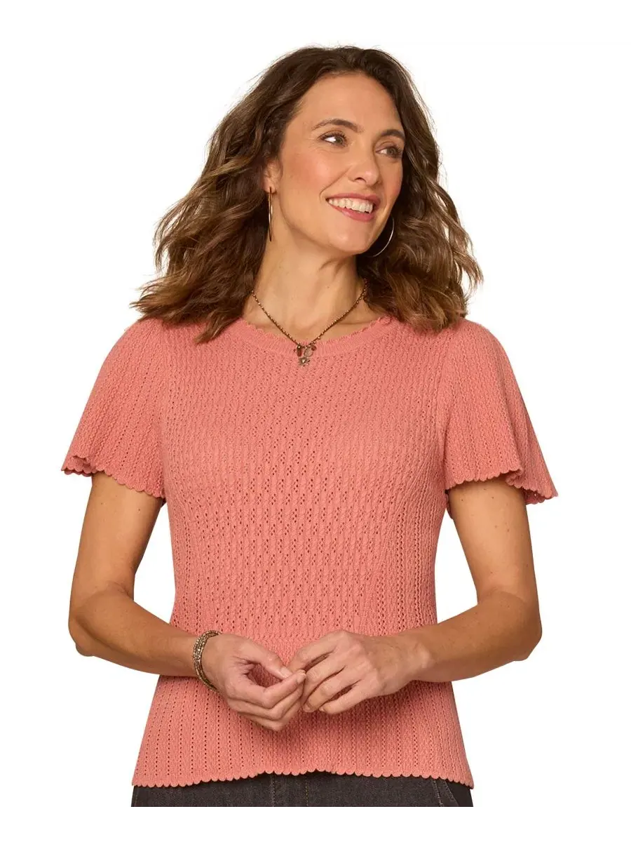 Свитер с воланами и круглым вырезом, Petite Flounce Crochet Round Neck Democracy, Dusty Papaya — изображение 1 из 3