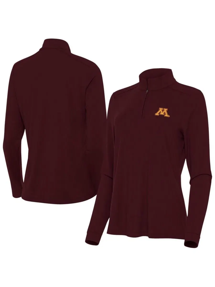 Женская бордовая футболка с застежкой-молнией Minnesota Golden Gophers Intent Quarter-Zip Antigua — изображение 1 из 3