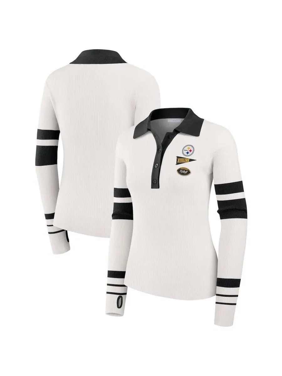Женский свитер-поло с фактурной вязкой, с длинным рукавом и патчами Pittsburgh Steelers WEAR by — изображение 1 из 5, белый