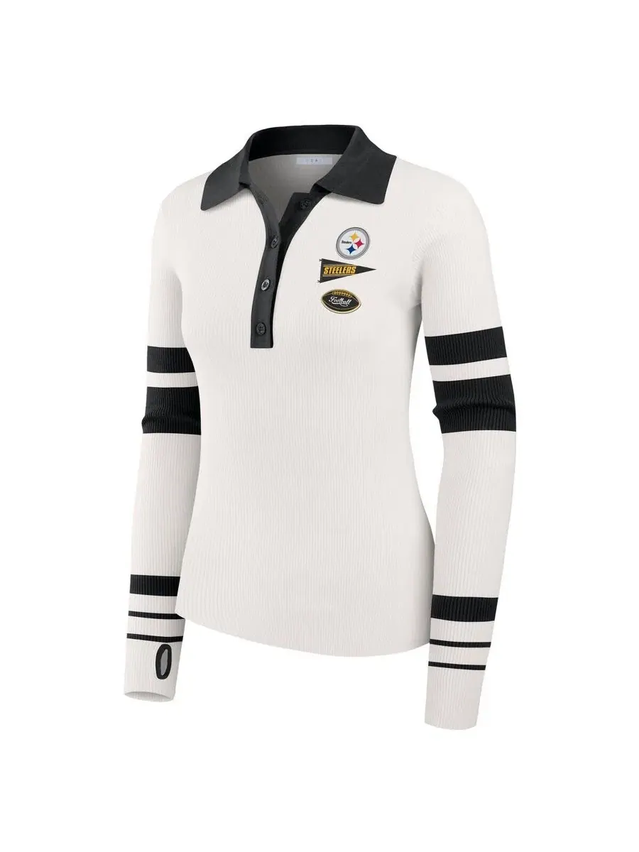 Женский свитер-поло с фактурной вязкой, с длинным рукавом и патчами Pittsburgh Steelers WEAR by — изображение 2 из 5, белый
