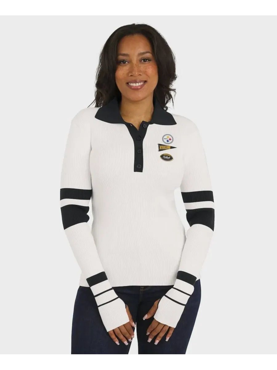 Женский свитер-поло с фактурной вязкой, с длинным рукавом и патчами Pittsburgh Steelers WEAR by — изображение 4 из 5, белый