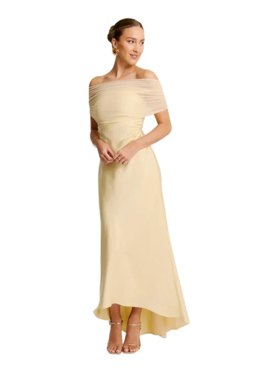 Платье-макси с открытыми плечами Bardot Satin Six Stories, Pale Lemon — изображение 1 из 8