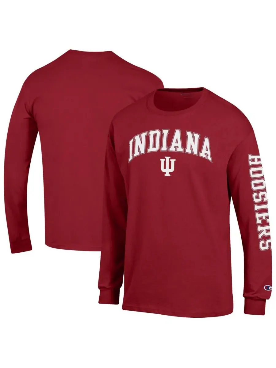 Champion Мужская футболка с длинным рукавом "Crimson Indiana Hoosiers" с арочным логотипом и двумя — изображение 1 из 3