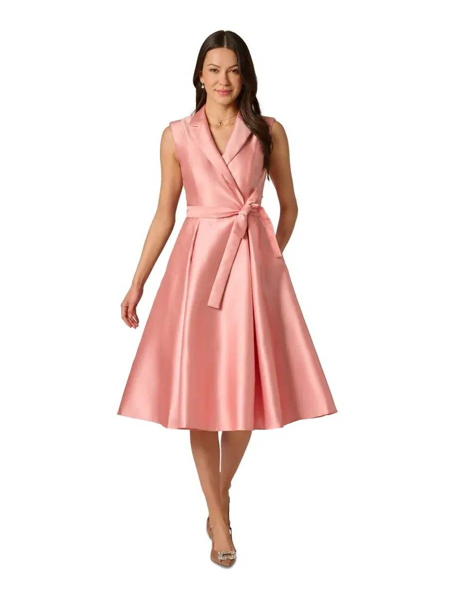 Платье миди с лацканами и поясом, модель Mikado Lapel Belted Adrianna Papell, Apricot Ice