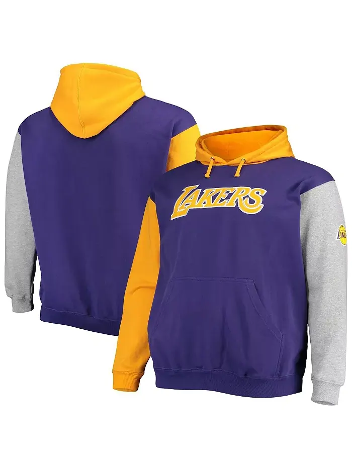 Мужская большая и высокая толстовка с капюшоном Los Angeles Lakers контрастная в фиолетовом и — изображение 1 из 4