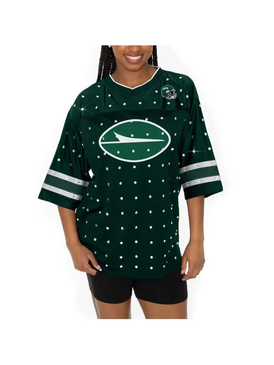 Gameday Couture Женская зеленая футболка New York Jets с V-образным вырезом и стразами, украшенная — изображение 1 из 5