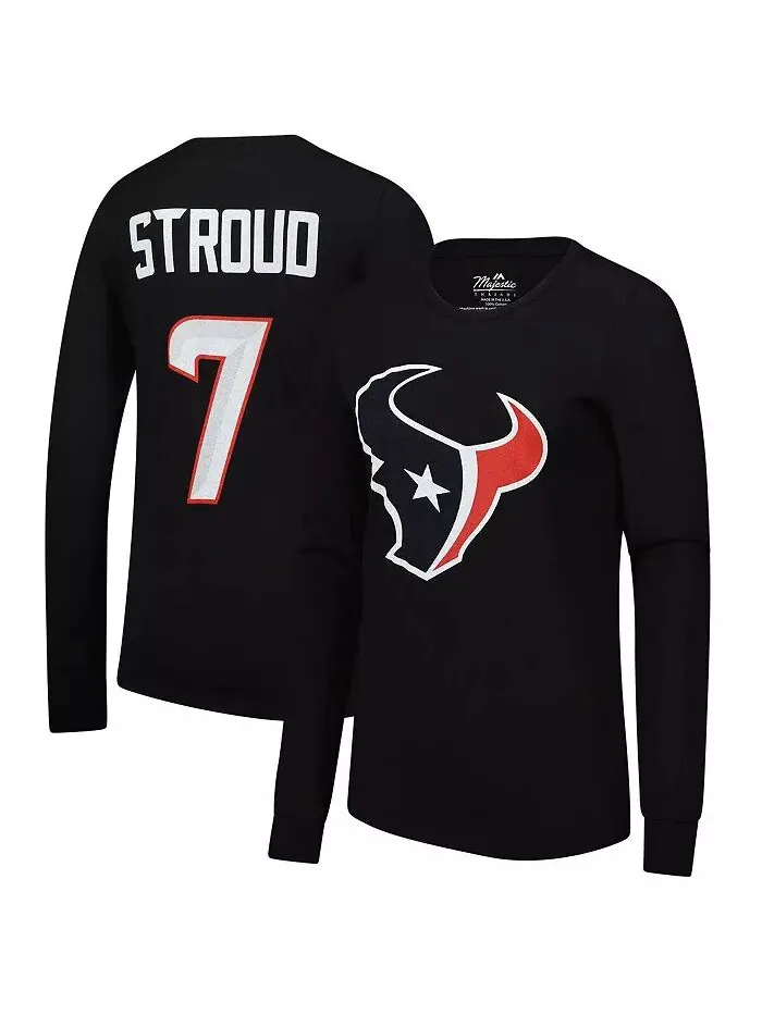 Женская футболка с длинным рукавом CJ Stroud Navy Houston Texans, имя игрока, номер Majestic — изображение 1 из 3