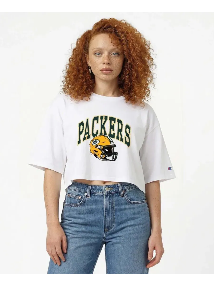 Женская футболка-бойфренд укороченная с принтом Green Bay Packers Champion