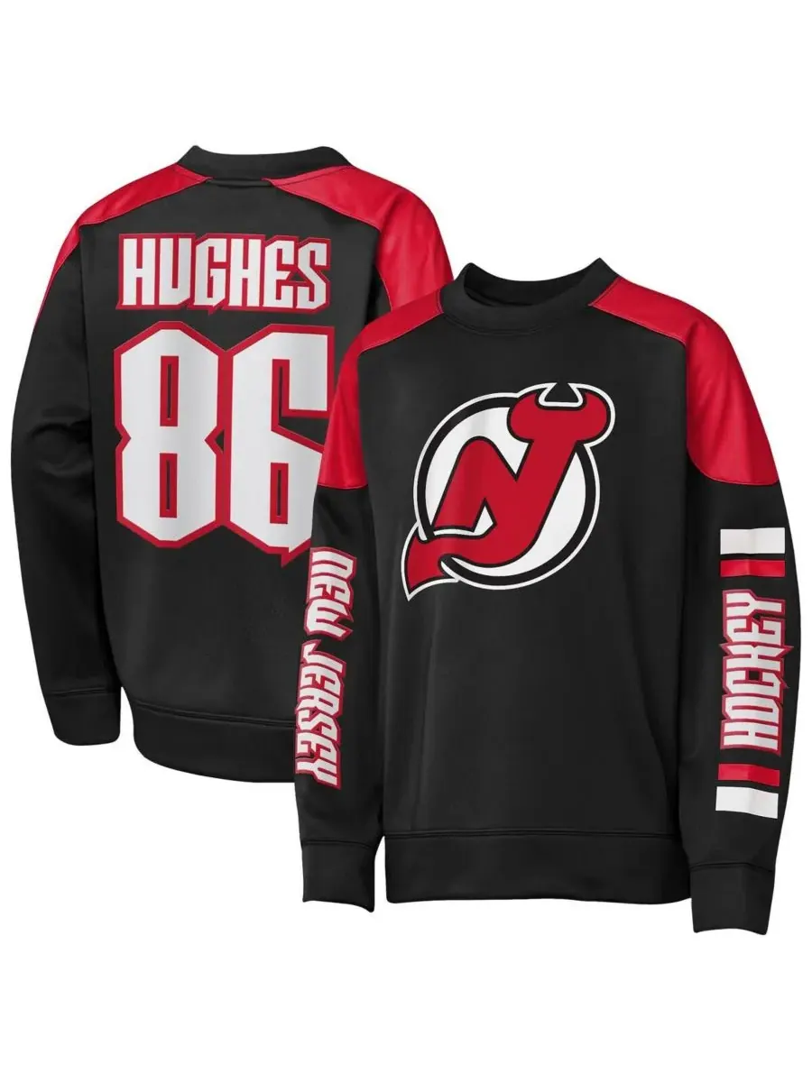 Outerstuff Толстовка с круглым вырезом Jack Hughes Black New Jersey Devils Best Defense для — изображение 1 из 3, черный