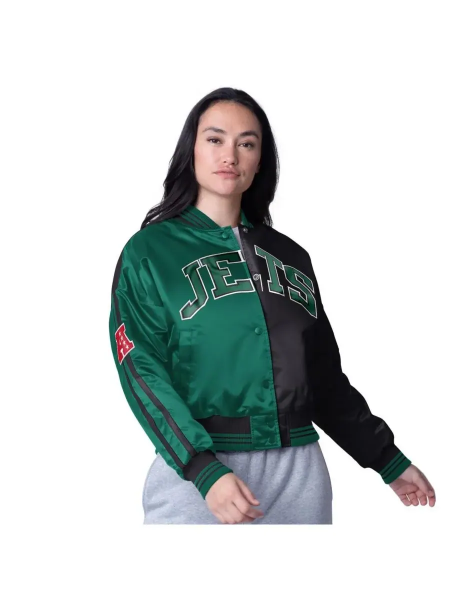 Starter Женская укороченная куртка New York Jets черного/зеленого цвета с застежкой на кнопках — изображение 1 из 2