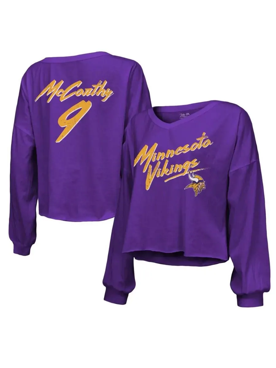 Majestic Женская фиолетовая футболка JJ McCarthy Minnesota Vikings с открытыми плечами, укороченным — изображение 1 из 3