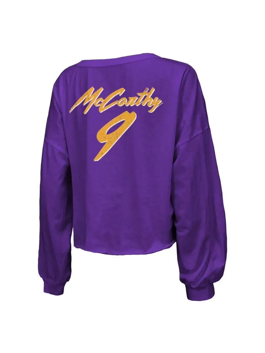 Majestic Женская фиолетовая футболка JJ McCarthy Minnesota Vikings с открытыми плечами, укороченным — изображение 2 из 3