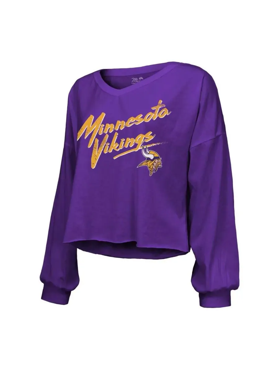 Majestic Женская фиолетовая футболка JJ McCarthy Minnesota Vikings с открытыми плечами, укороченным — изображение 3 из 3