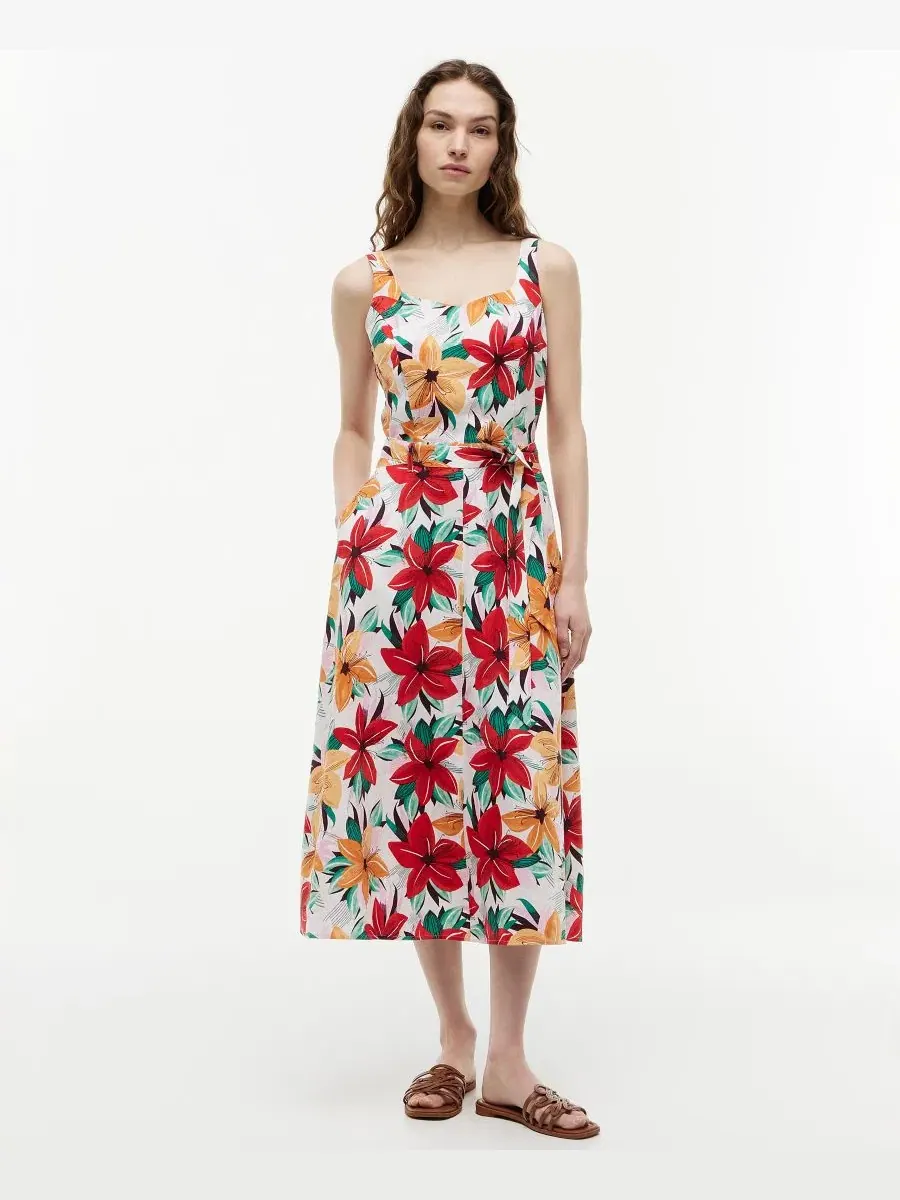 Женское платье миди с принтом и поясом Tommy Hilfiger, Hibiscus Garden Ecru — изображение 1 из 4