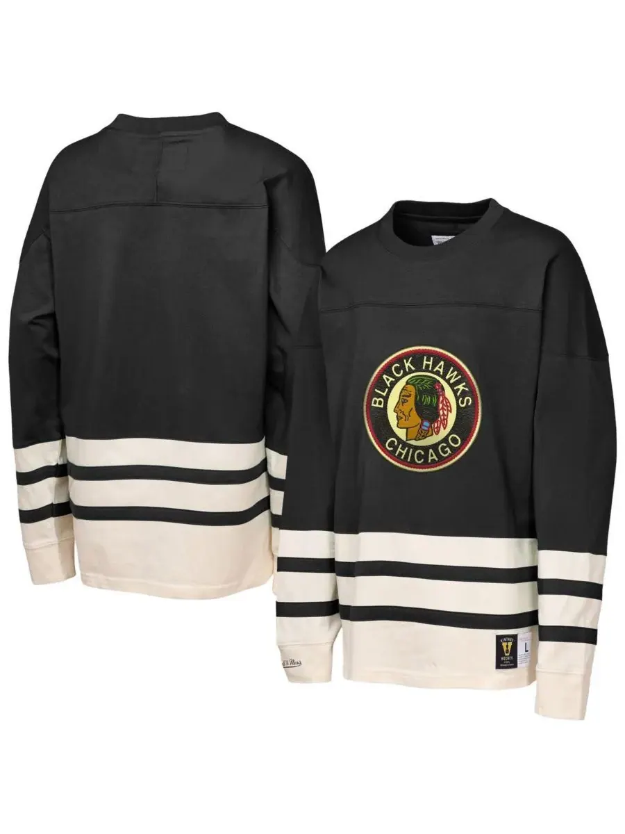 Mitchell & Ness Черная футболка с длинными рукавами Chicago Blackhawks с цепным стежком для — изображение 1 из 3, черный