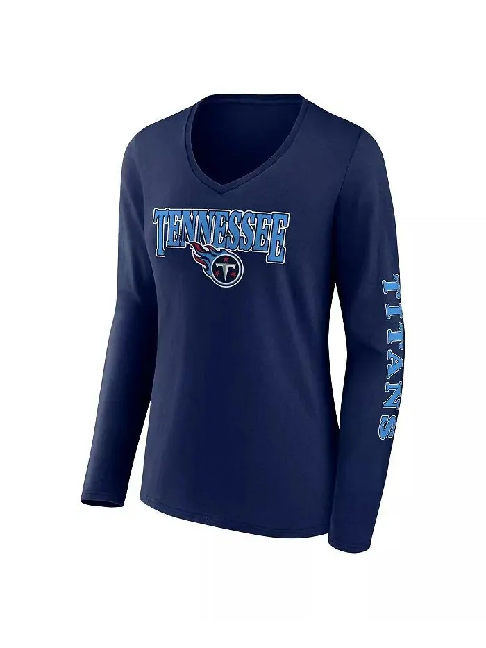 Женская темно-синяя футболка с длинными рукавами и v-образным вырезом Tennessee Titans Wordmark — изображение 3 из 3