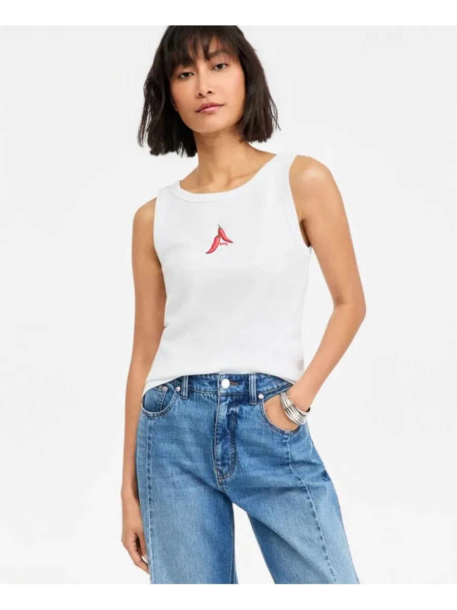 Топ с высокой горловиной и вышивкой бикини, модель Embroidered Boatneck Tank Top On 34th, Chilli
