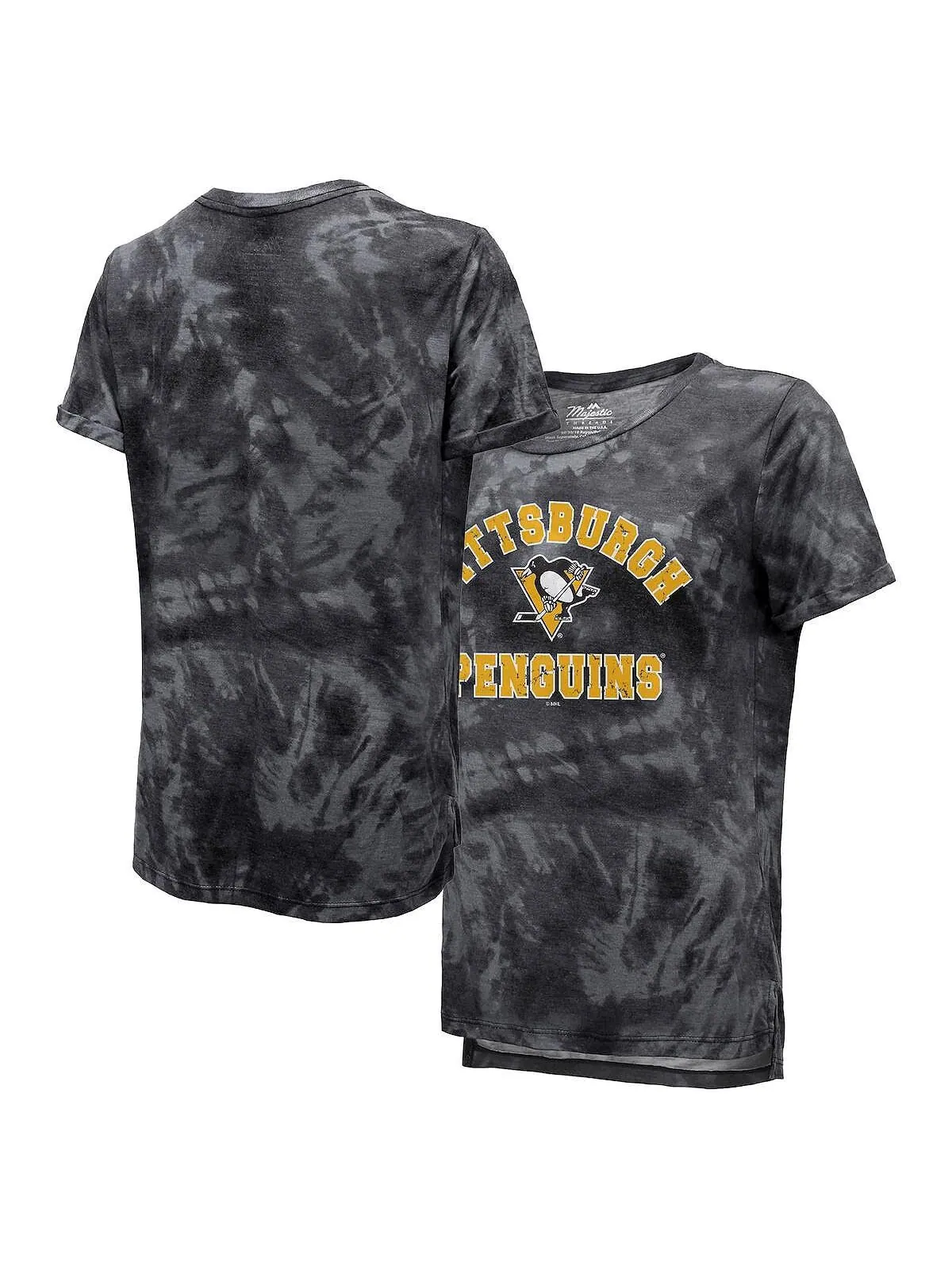 Черная женская футболка с нитками Pittsburgh Penguins Boyfriend Tie-Dye Tri-Blend Majestic