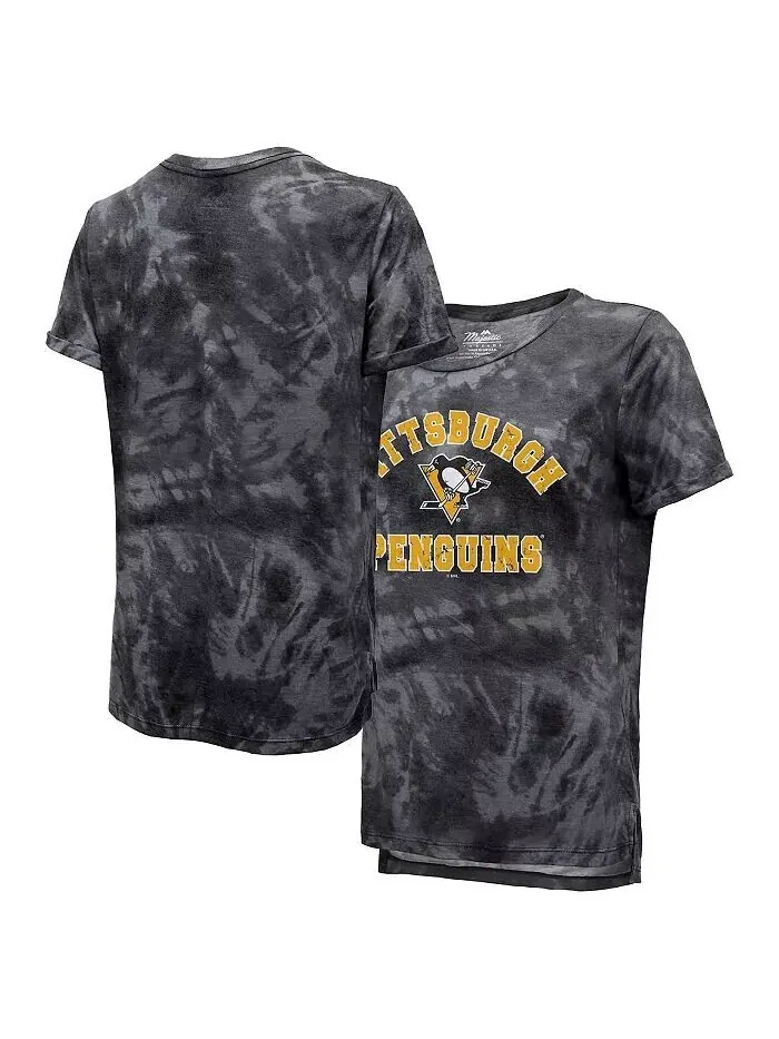 Черная женская футболка с нитками Pittsburgh Penguins Boyfriend Tie-Dye Tri-Blend Majestic