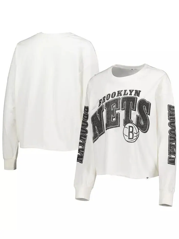 Женская кремовая укороченная футболка с длинными рукавами Brooklyn Nets Parkway Brush Back '47 Brand — изображение 1 из 3