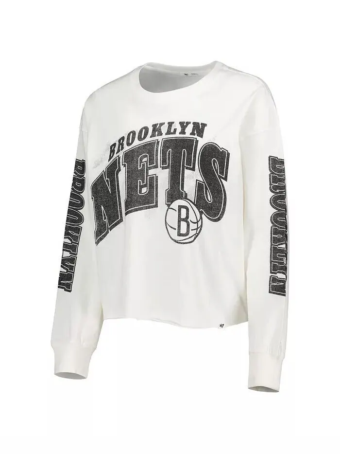 Женская кремовая укороченная футболка с длинными рукавами Brooklyn Nets Parkway Brush Back '47 Brand — изображение 2 из 3