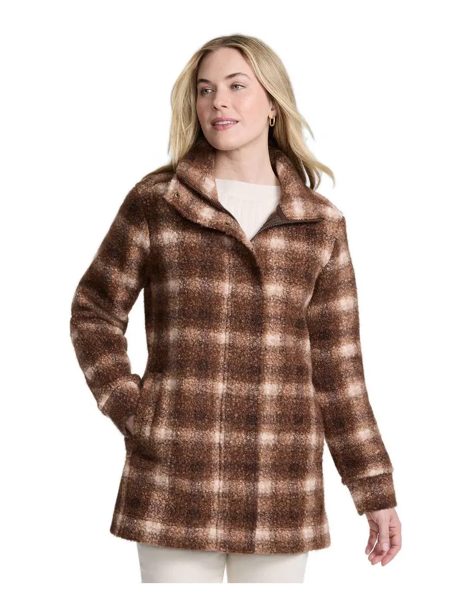 Женское пальто из флиса средней длины с воротником-стойкой Lands' End, Rich Coffee Tonal Plaid
