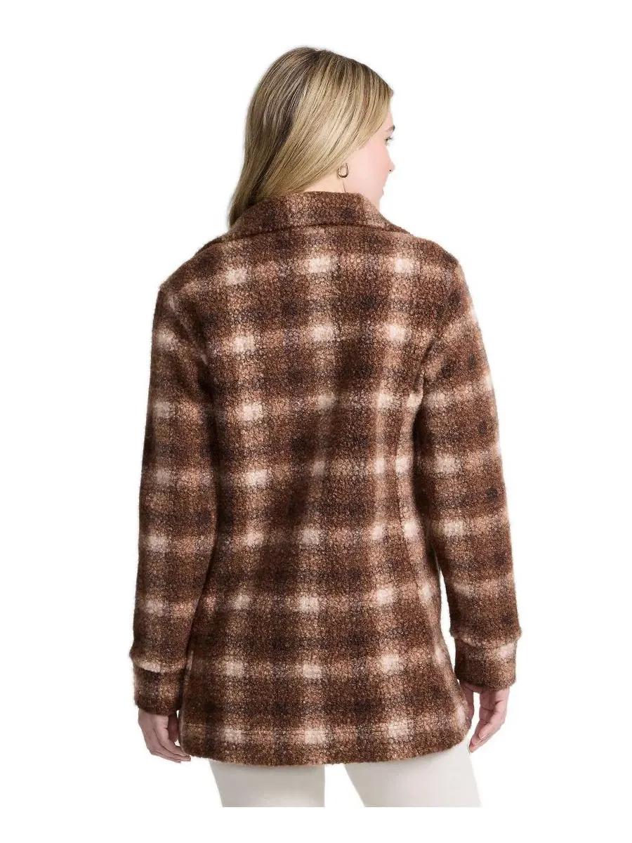 Женское пальто из флиса средней длины с воротником-стойкой Lands' End, Rich Coffee Tonal Plaid — изображение 2 из 4