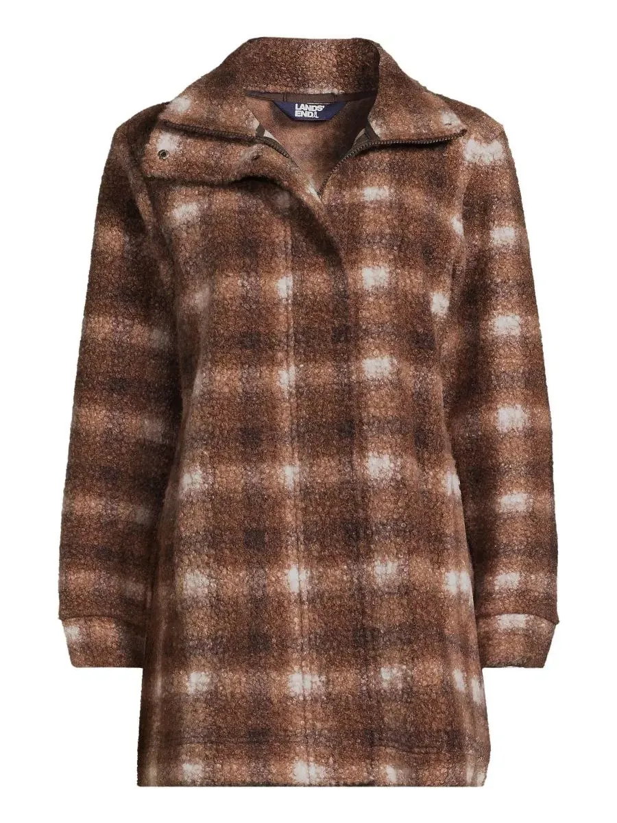 Женское пальто из флиса средней длины с воротником-стойкой Lands' End, Rich Coffee Tonal Plaid — изображение 3 из 4