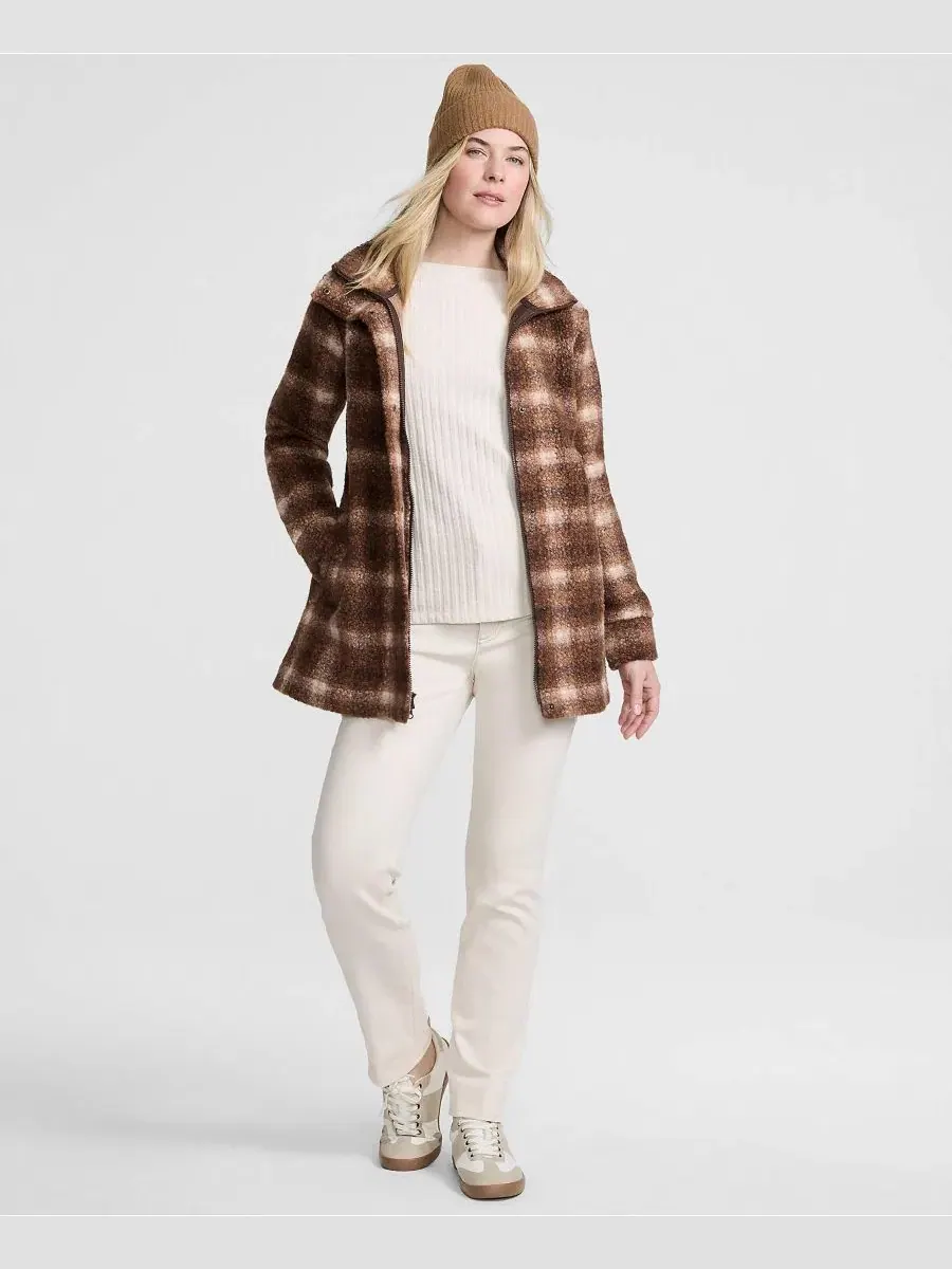 Женское пальто из флиса средней длины с воротником-стойкой Lands' End, Rich Coffee Tonal Plaid — изображение 4 из 4