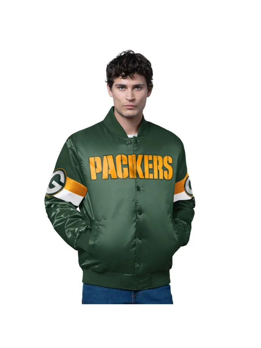 Starter Мужская зеленая атласная куртка-бомбер Green Bay Packers Triple Option с застежкой на — изображение 1 из 2, зеленый