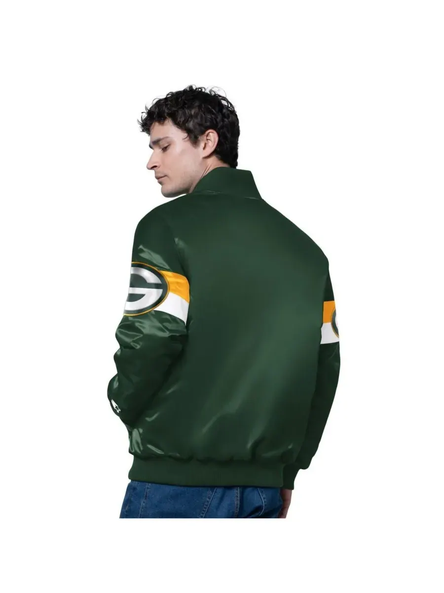 Starter Мужская зеленая атласная куртка-бомбер Green Bay Packers Triple Option с застежкой на — изображение 2 из 2, зеленый
