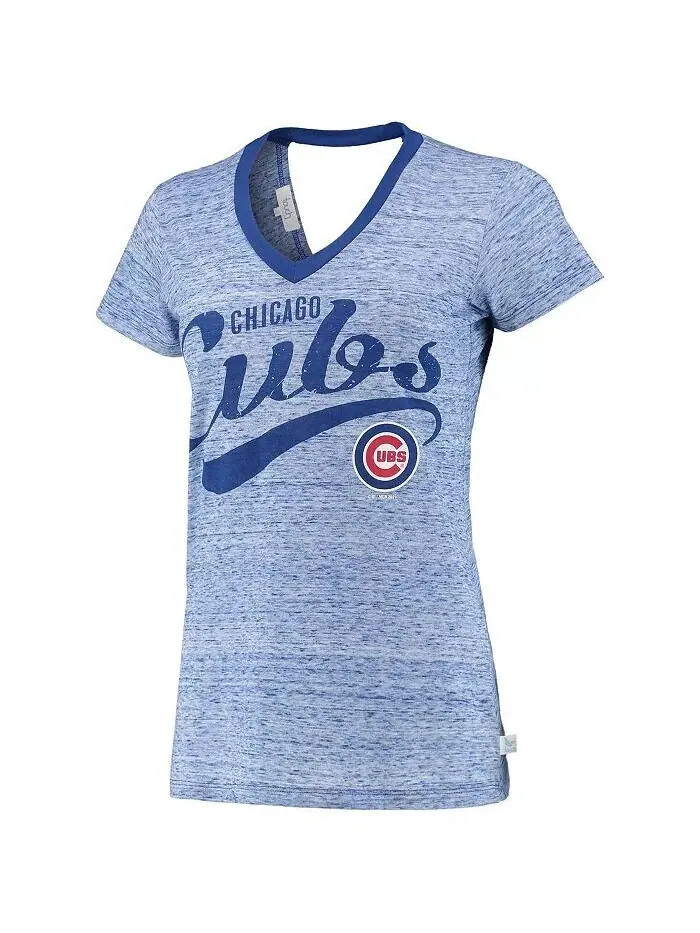 Женская темно-синяя футболка с v-образным вырезом и запахом на спине Chicago Cubs Hail Mary Touch — изображение 2 из 2