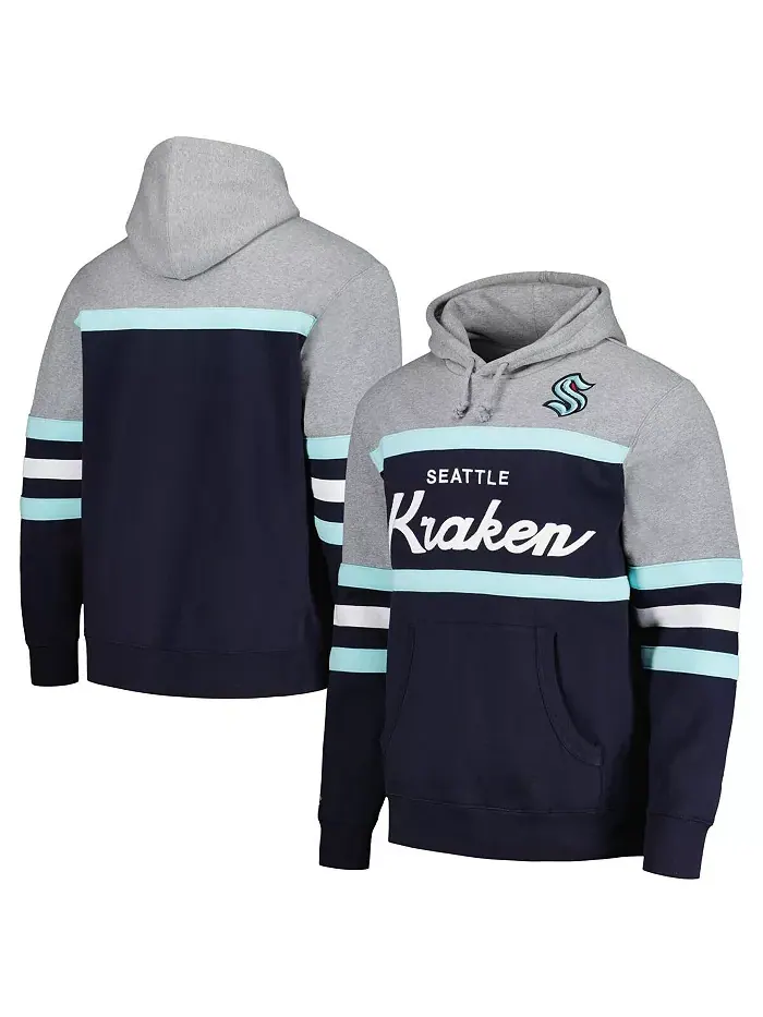Мужская толстовка с капюшоном Seattle Kraken Head Coach в цвете Deep Sea Blue и сером Mitchell & — изображение 1 из 4