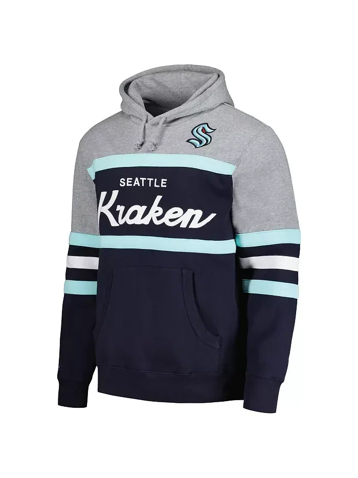 Мужская толстовка с капюшоном Seattle Kraken Head Coach в цвете Deep Sea Blue и сером Mitchell & — изображение 4 из 4