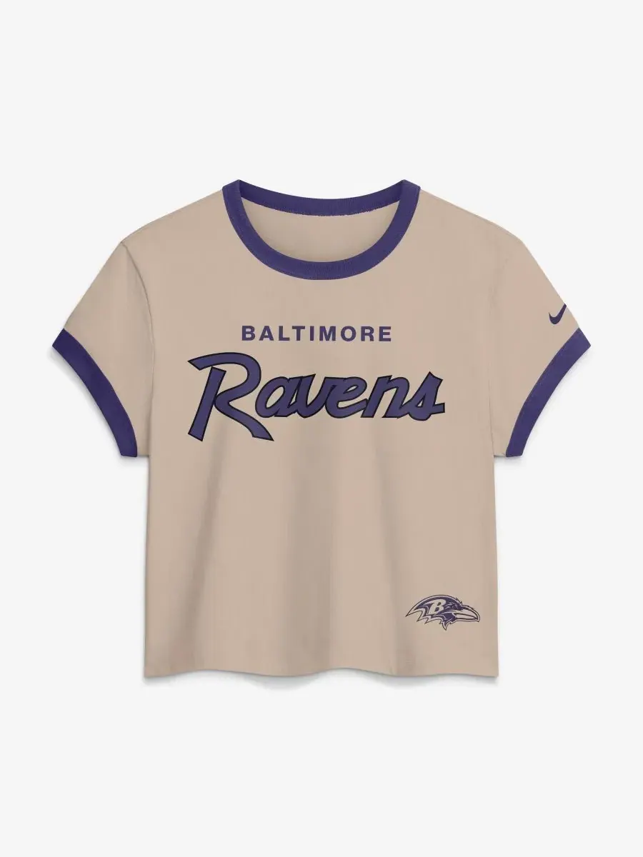Футболка женская с принтом Baltimore Ravens Rewind Ringer Mod Cropped Nike — изображение 1 из 2, кремовый фиолетовый