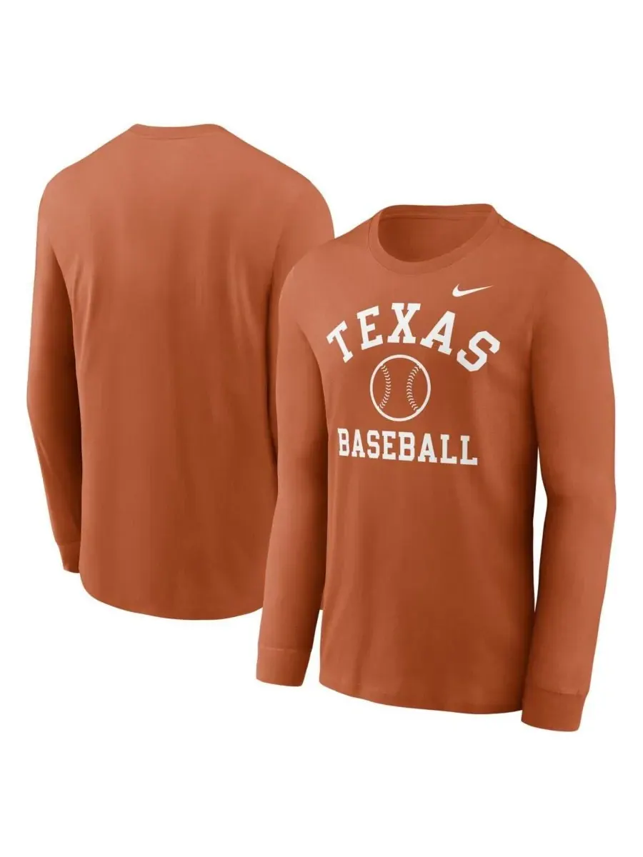 Nike Мужская футболка с длинным рукавом Texas Orange Texas Longhorns Essential Baseball Arch — изображение 1 из 3, оранжевый