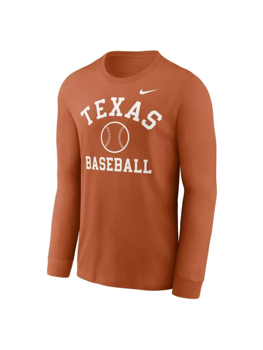Nike Мужская футболка с длинным рукавом Texas Orange Texas Longhorns Essential Baseball Arch — изображение 3 из 3, оранжевый