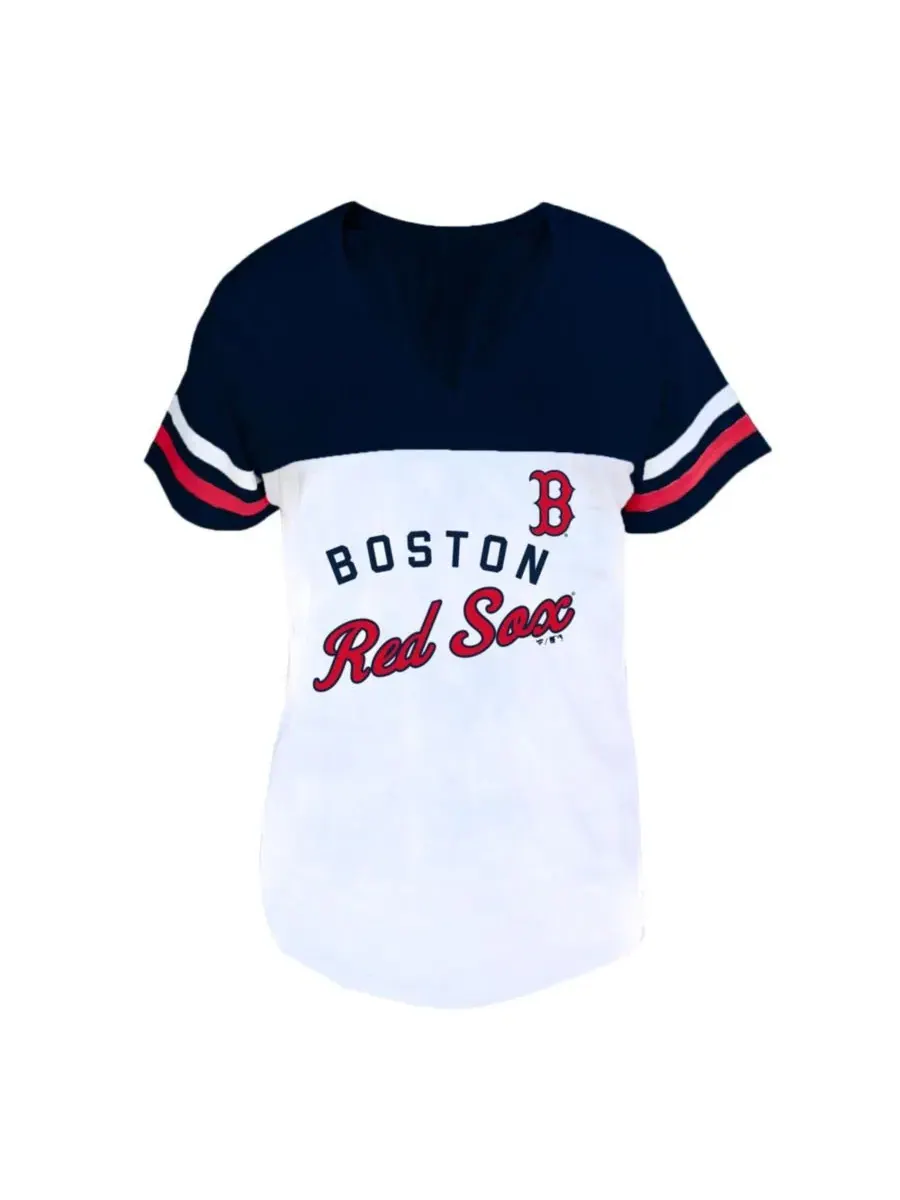 Футболка с V-образным вырезом с полосами на рукавах Boston Red Sox Fanatics — изображение 1 из 1, белый темно-синий