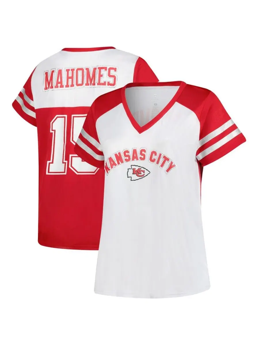 Футболка с V-образным вырезом Patrick Mahomes White Kansas City Chiefs Plus Size Bling Fanatics — изображение 1 из 4, белый