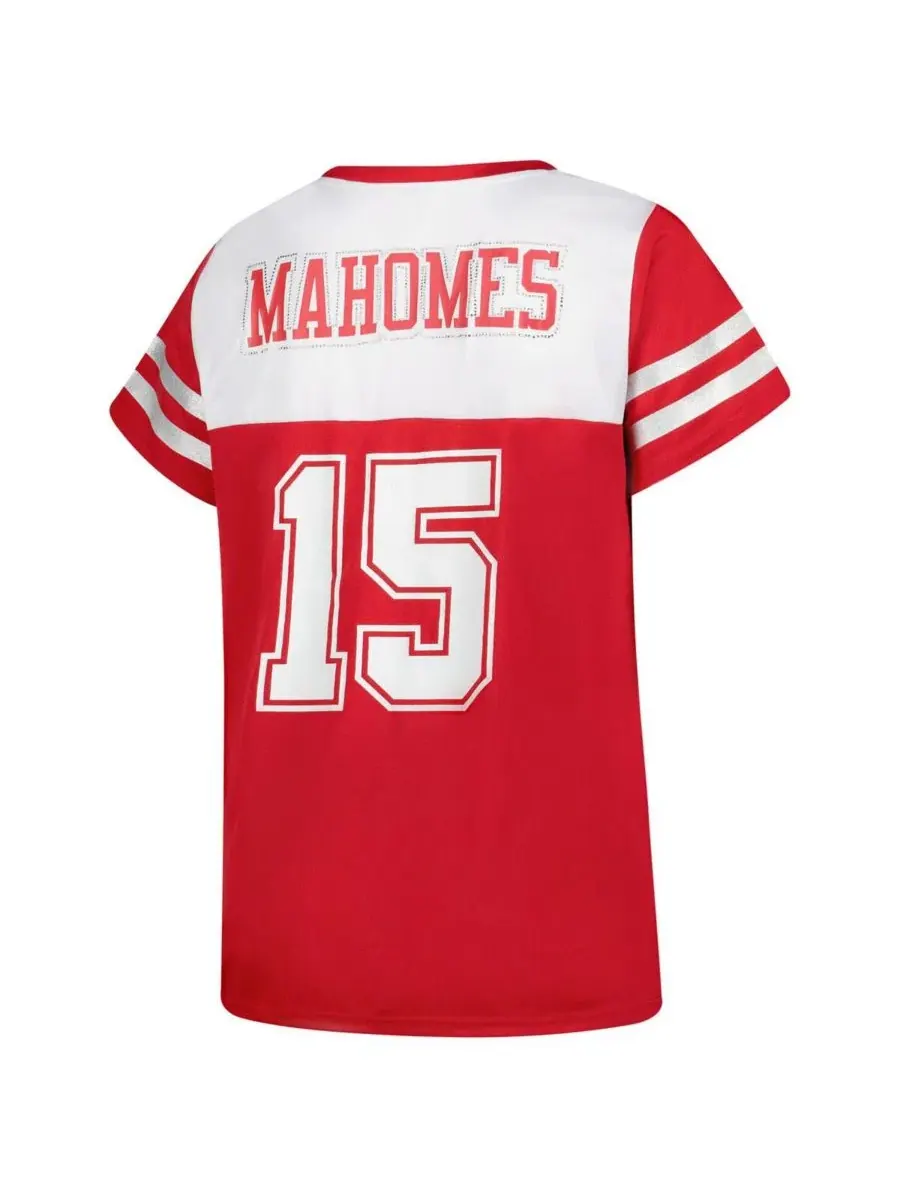 Футболка с V-образным вырезом Patrick Mahomes White Kansas City Chiefs Plus Size Bling Fanatics — изображение 3 из 4, белый